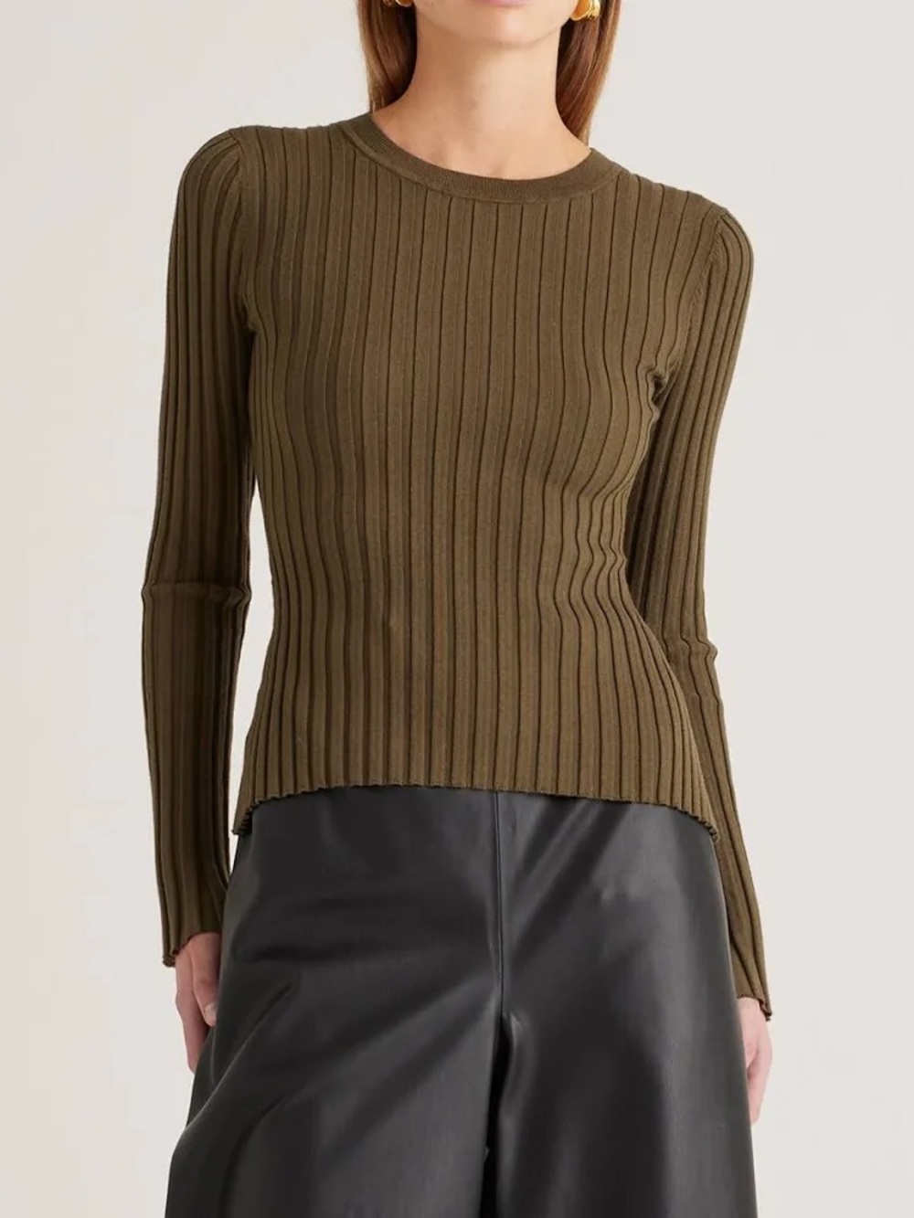 QUINCE Olive Ribbed Cotton Cashmere Sweater